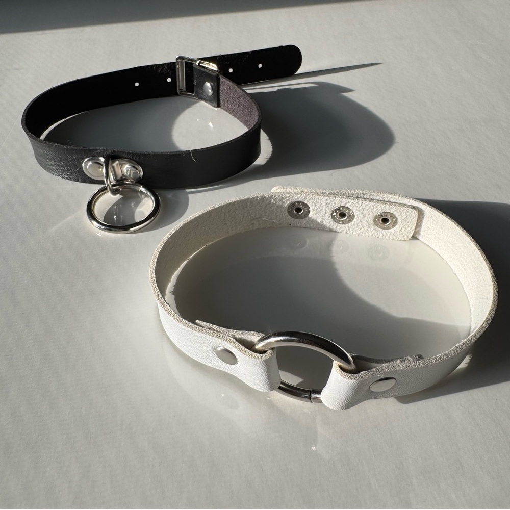 Black and White Faux Leather O-Ring Chokers